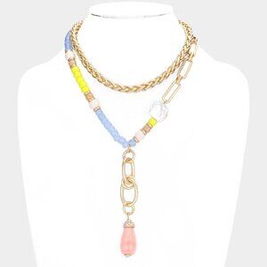 NWT Boho Teardrop Beaded Golden Chain Double Layered Elegant Necklace